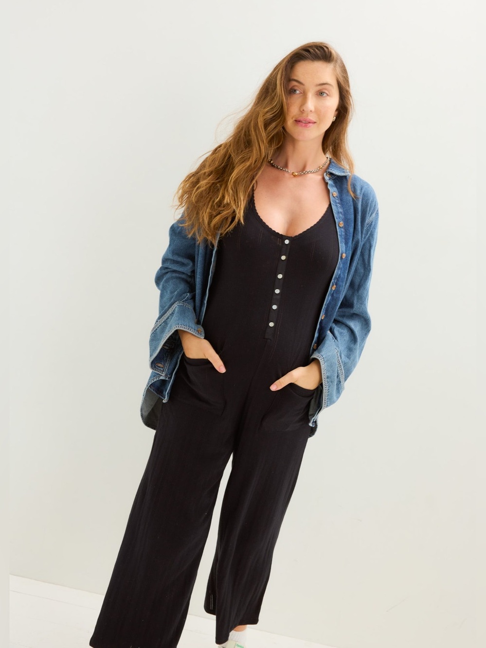 Hatch Black Button-Front Wide-Leg Jumpsuit